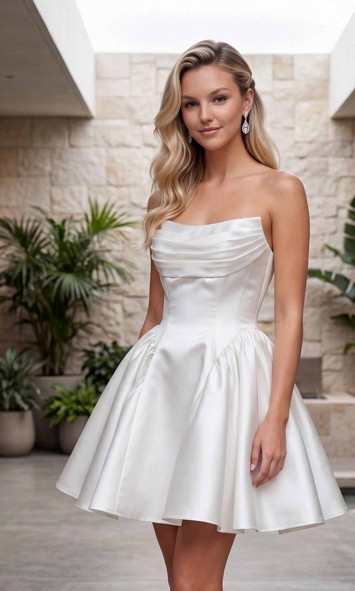 A woman smiles slightly at the camera while wearing the affordable Nox Anabel R7068W strapless mini white hoco dress, standing indoors near potted plants.